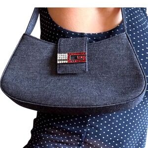 Guess Y2K Denim Rhinestone G Shoulder Bag Baguette Purse 2000s 90s